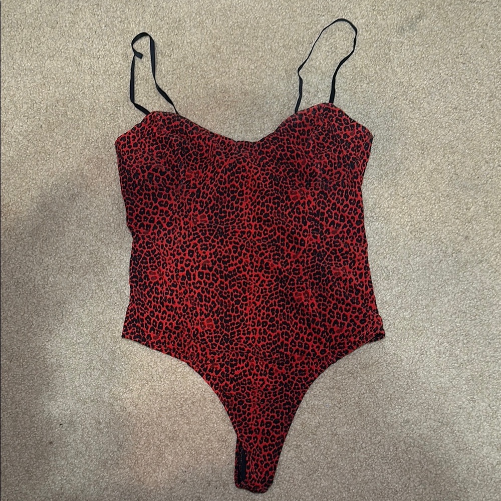 AFRM Red Leopard Print Bodysuit with Sweetheart Neckline and High-Cut Legs